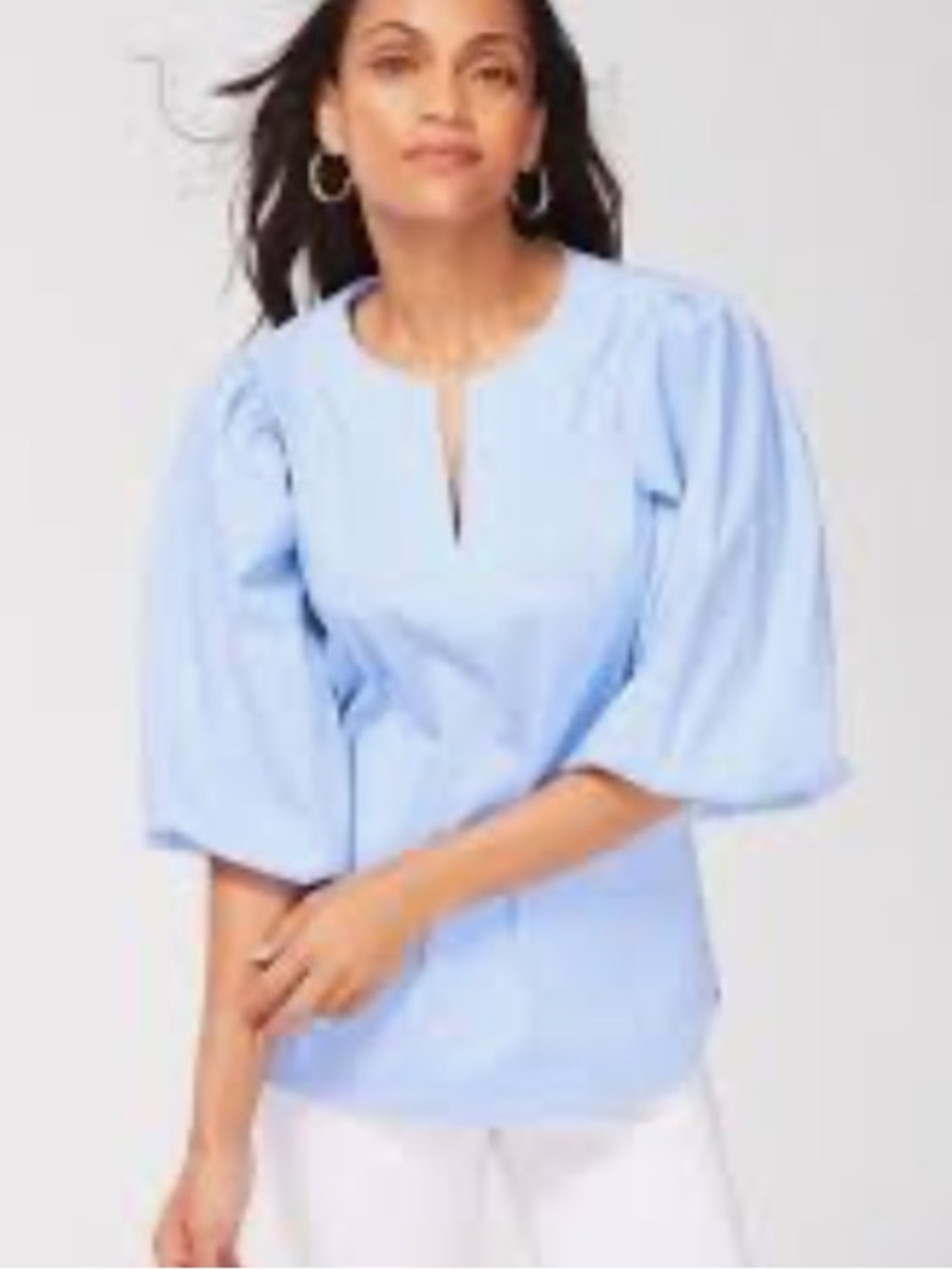 Chico’s Blue No Iron Stretch Shadow Stripe Puff Sleeve Blouse, Size 16, NWT